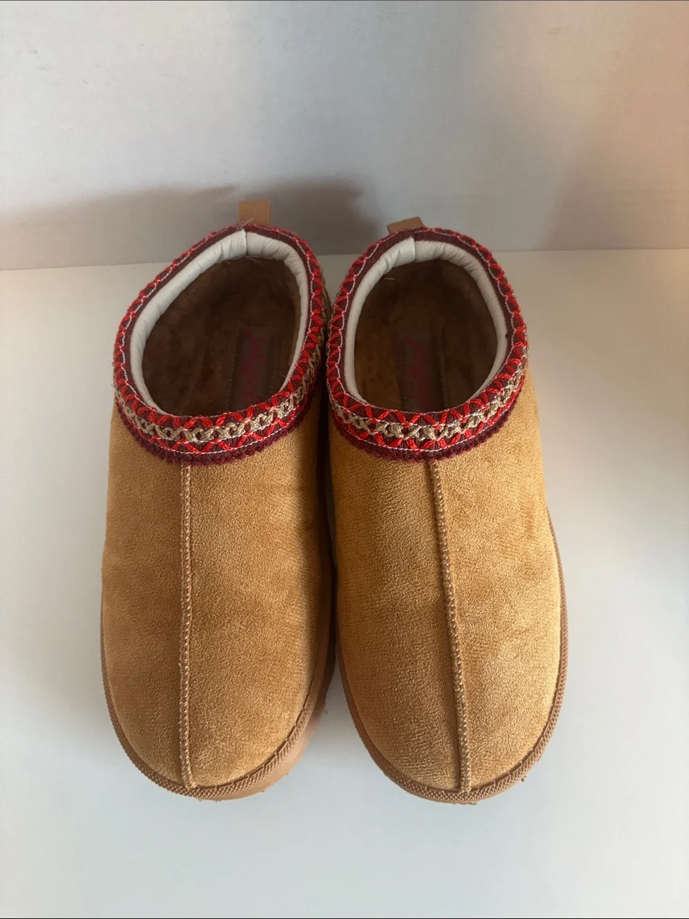 Jellypop Tan Suede Kids Slip-On Slippers with Red Trim